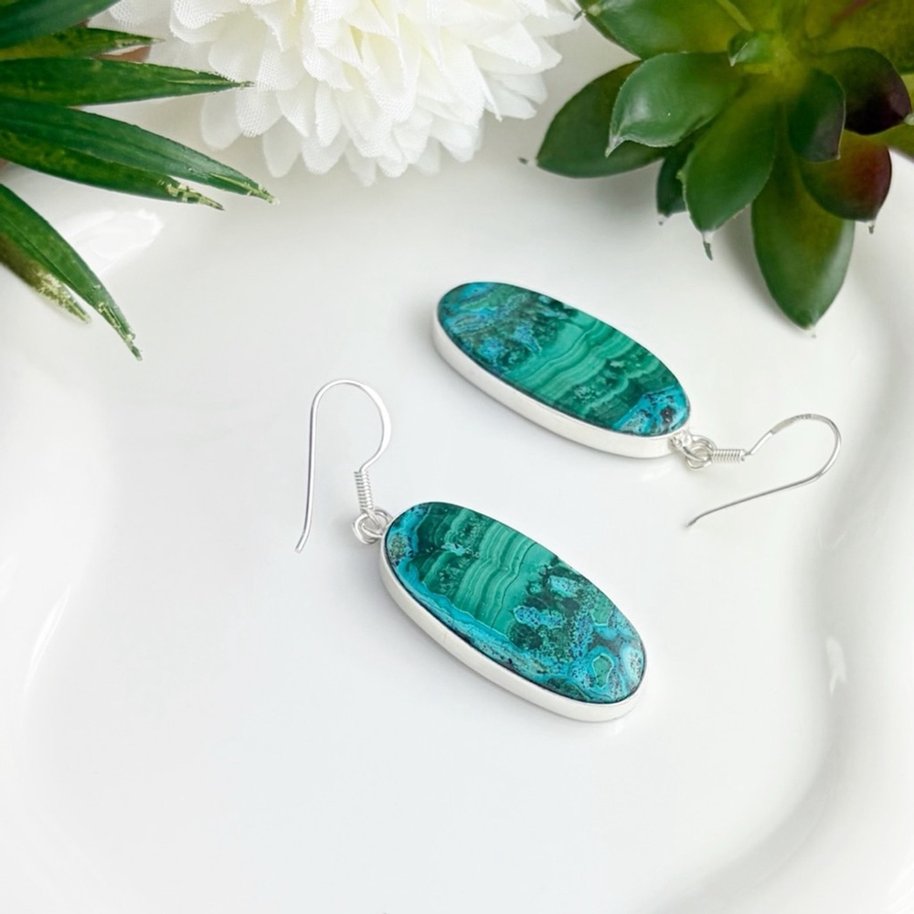 Top Quality Malachite Chrysocolla Pure Sterling Silver 925 Gemstone Earrings - Picture 5 of 9